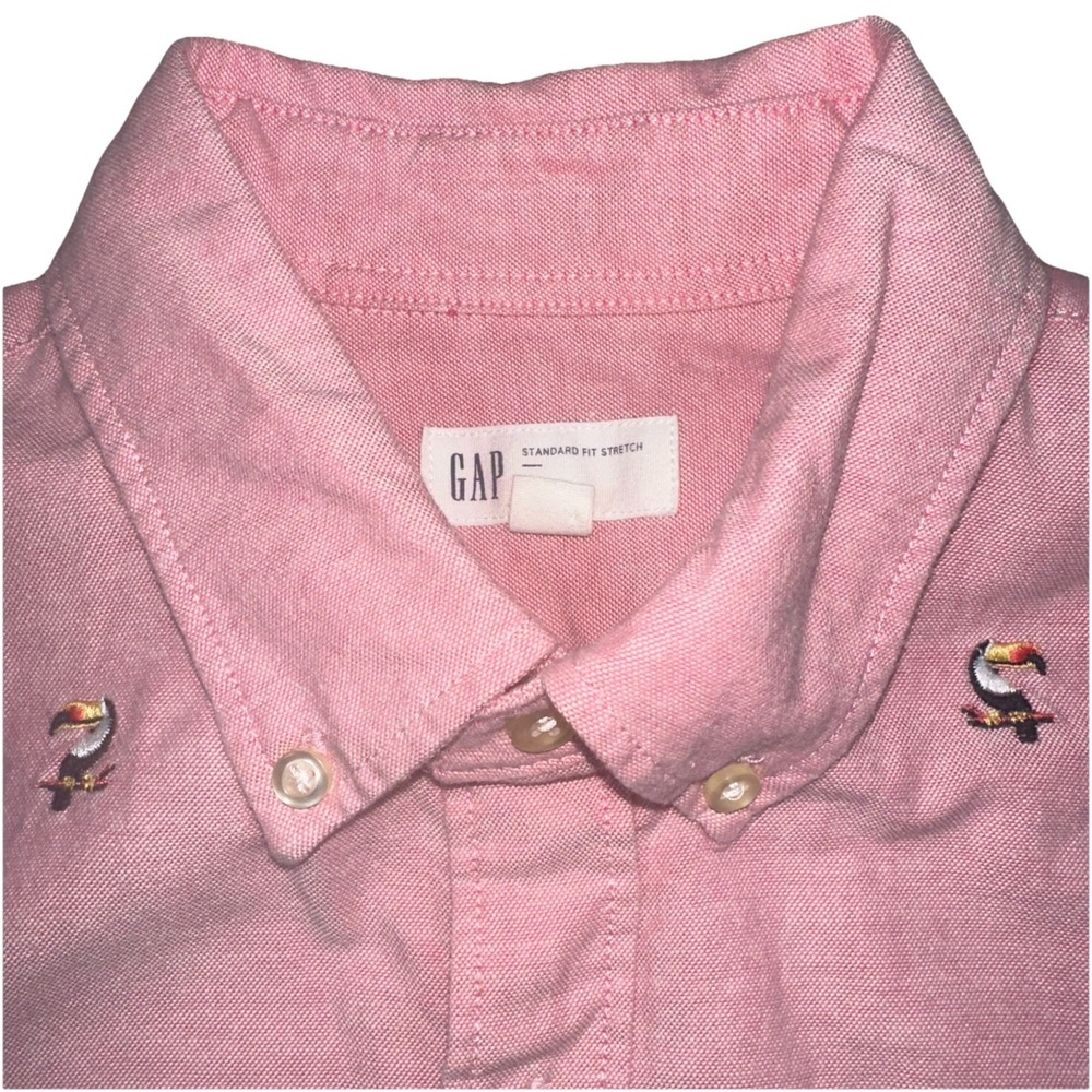 Gap Shirt Mens Medium Pink Short Sleeve Embroidered Toucans Standard Fit Stretch - Picture 3 of 6